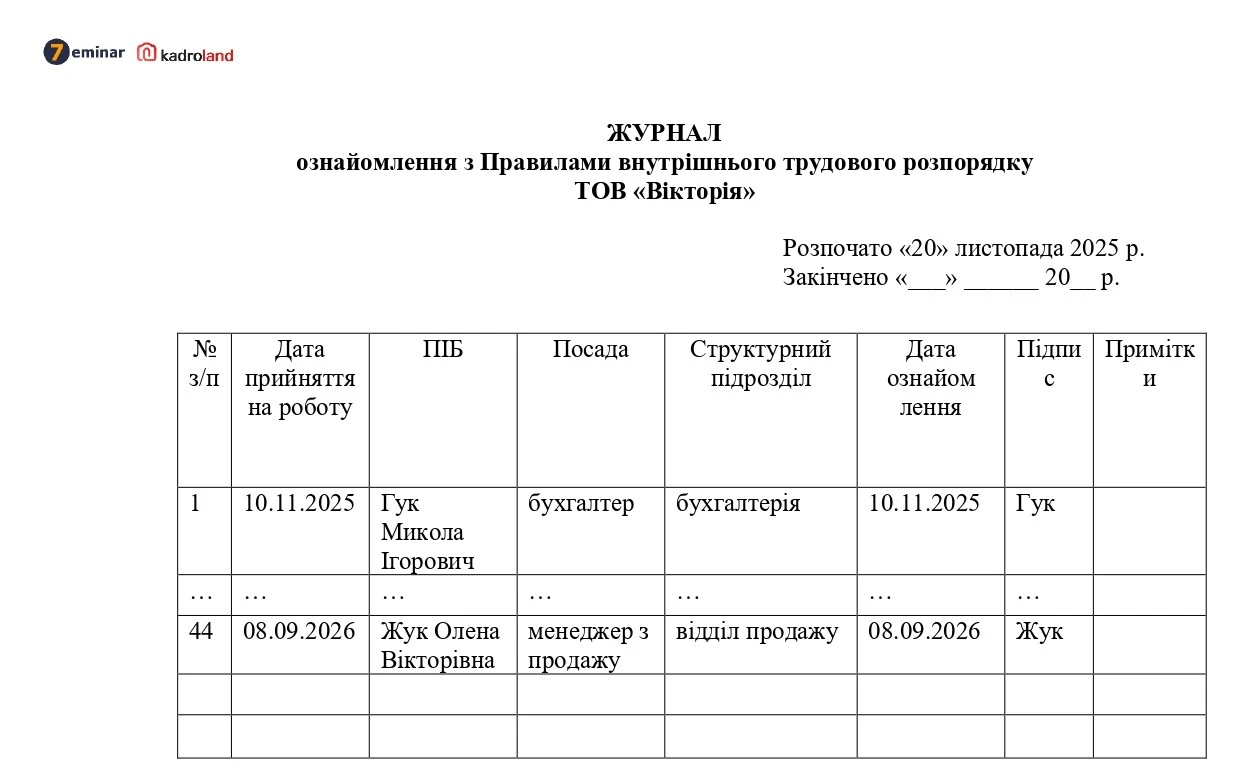 основне зображення для Журнал ознайомлення працівників з Правилами внутрішнього трудового розпорядку