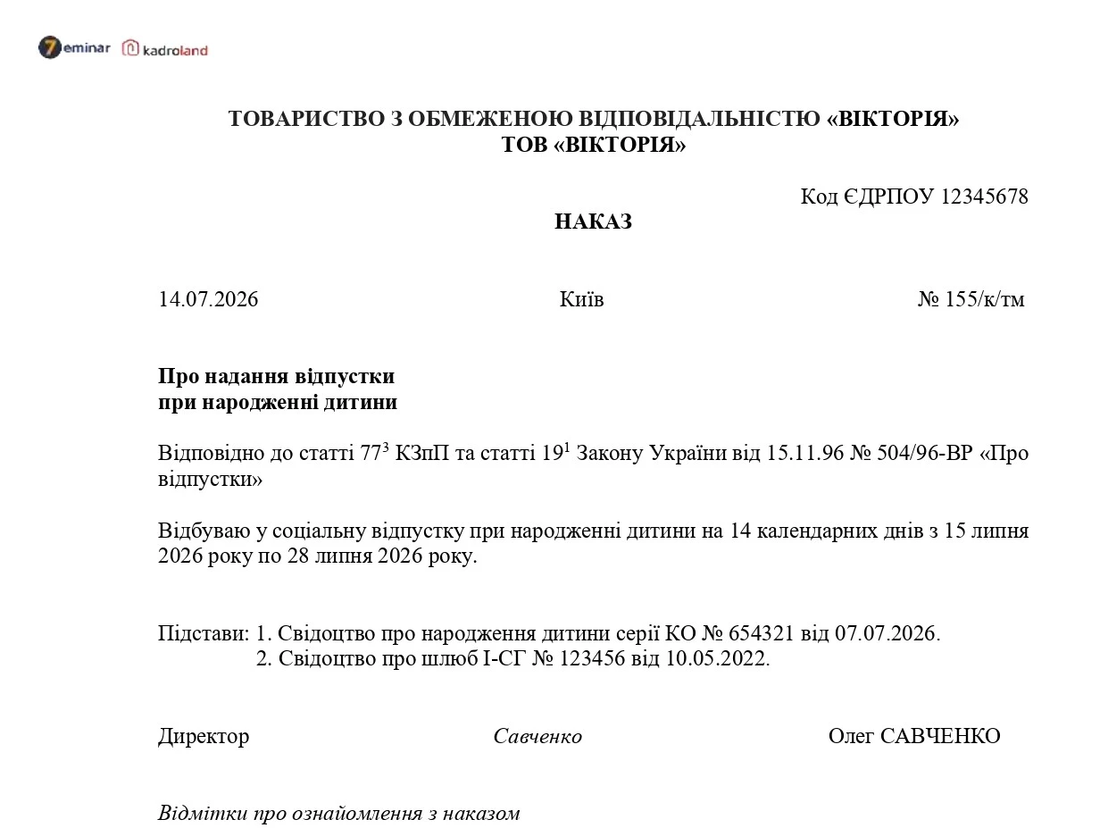 основне зображення для Наказ про надання відпустки директору при народженні дитини