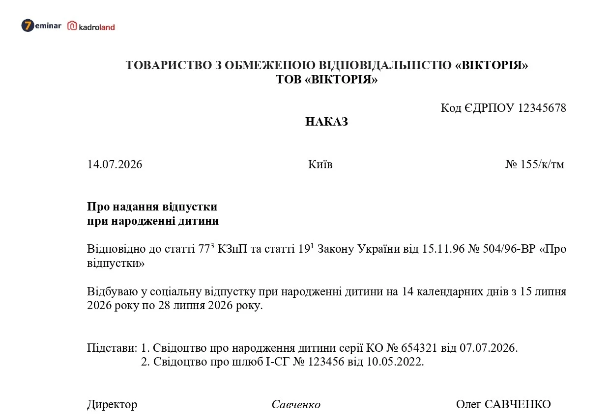 основне зображення для Наказ про надання відпустки директору при народженні дитини
