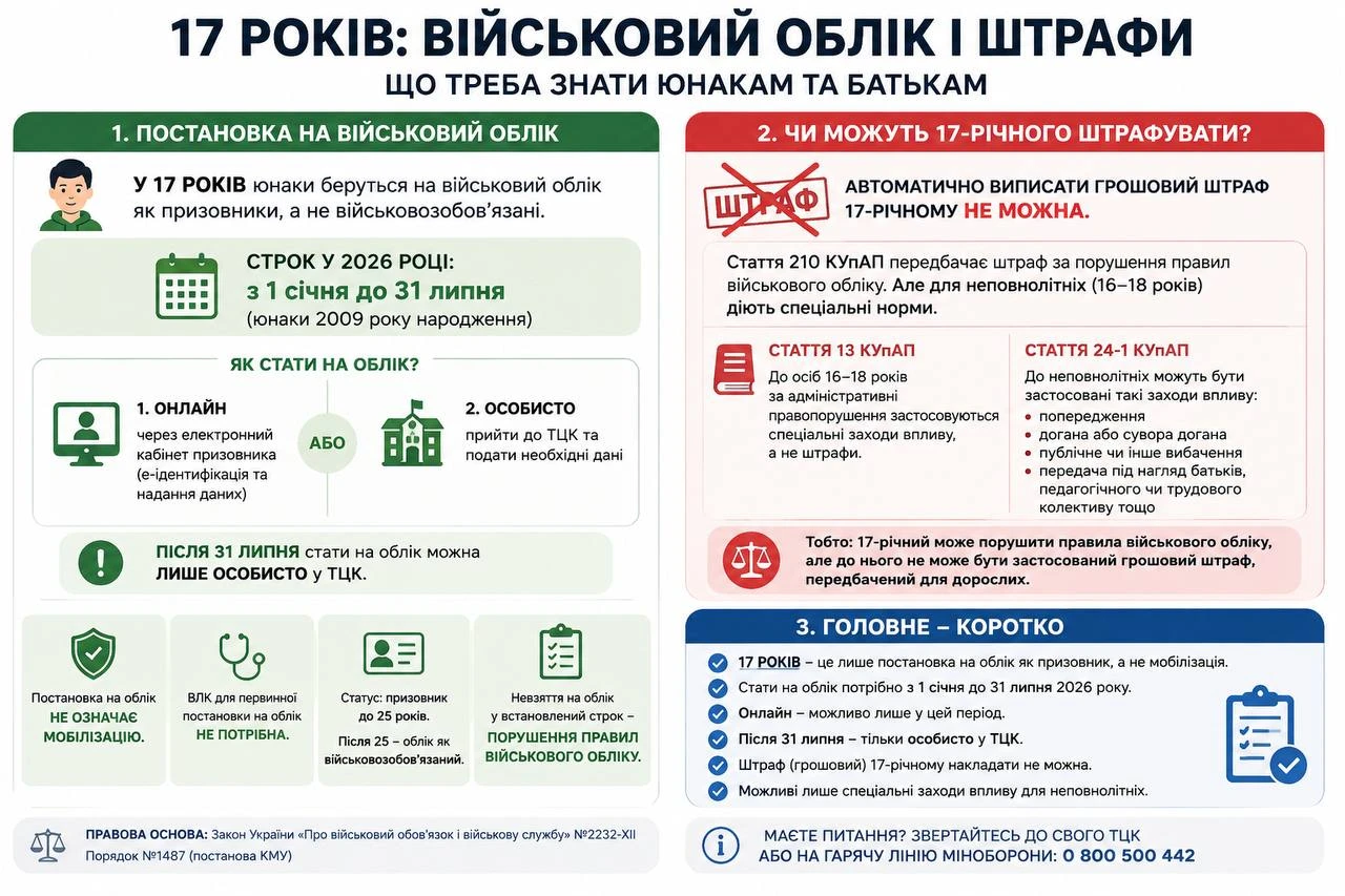основне зображення для Штраф ТЦК для 17-річних у 2026 році: чи можуть оштрафувати за військовий облік