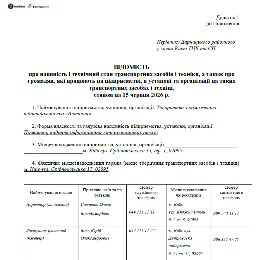 основне зображення для Відомість про наявність і технічний стан транспортних засобів і техніки, а також про громадян, які працюють на підприємстві, в установі та організації на таких транспортних засобах і техніці