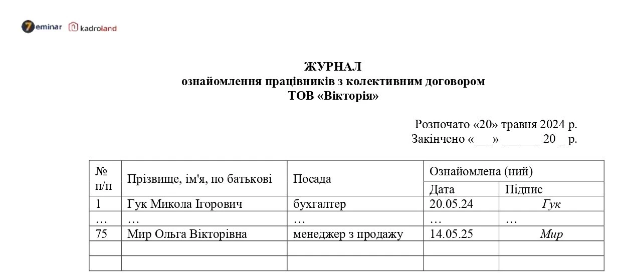 основне зображення для Зразок Журналу ознайомлення працівників з колективним договором
