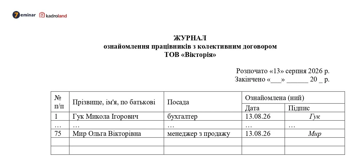 основне зображення для Зразок Журналу ознайомлення працівників з колективним договором